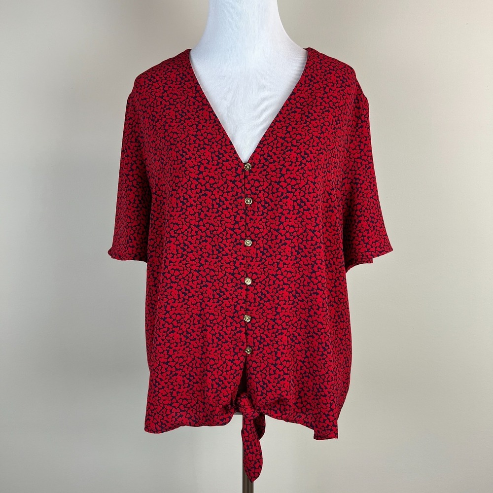 Michael Kors Top XL Red Abstract Heart Tie Front Flutter Sleeve V-Neck Button Up